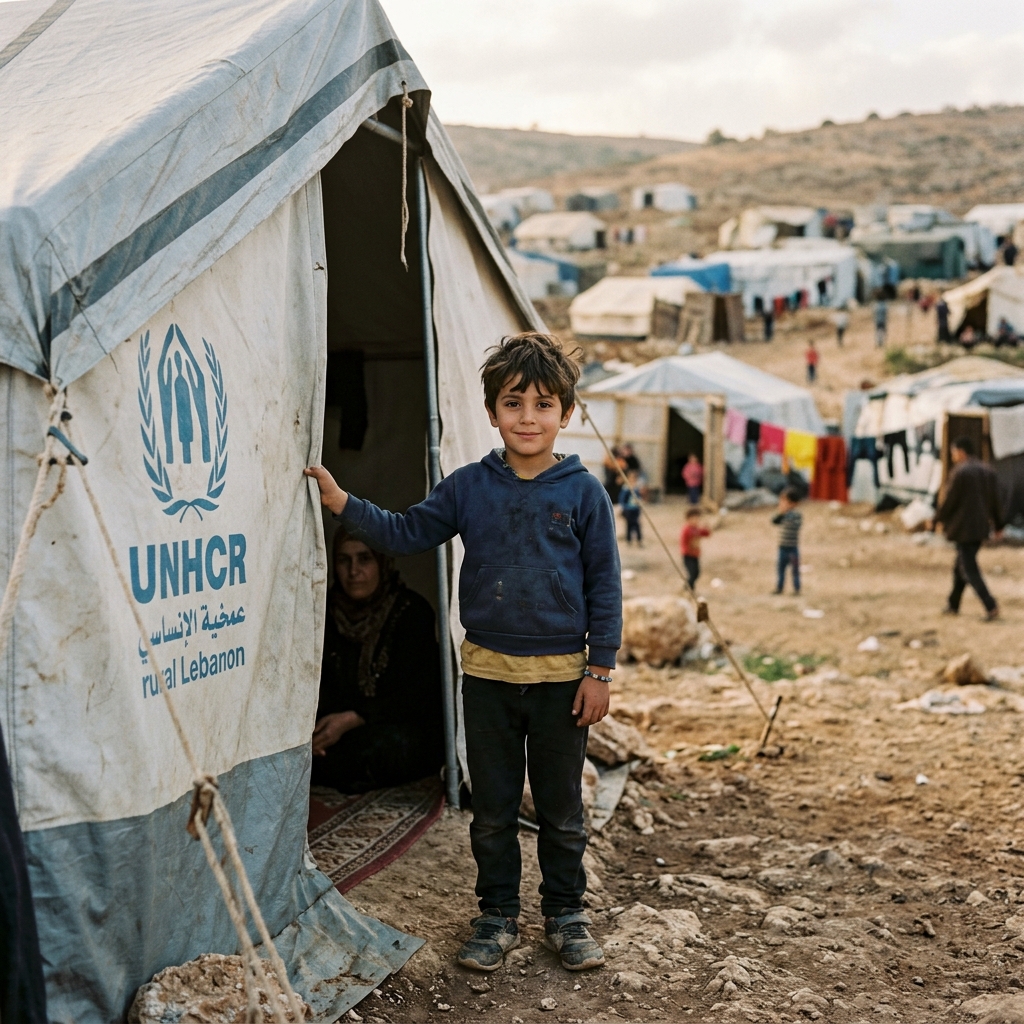 A young boy from Lebanon stands outside a tent in a displacement camp in Syria for refugees who have had to flee conflict.