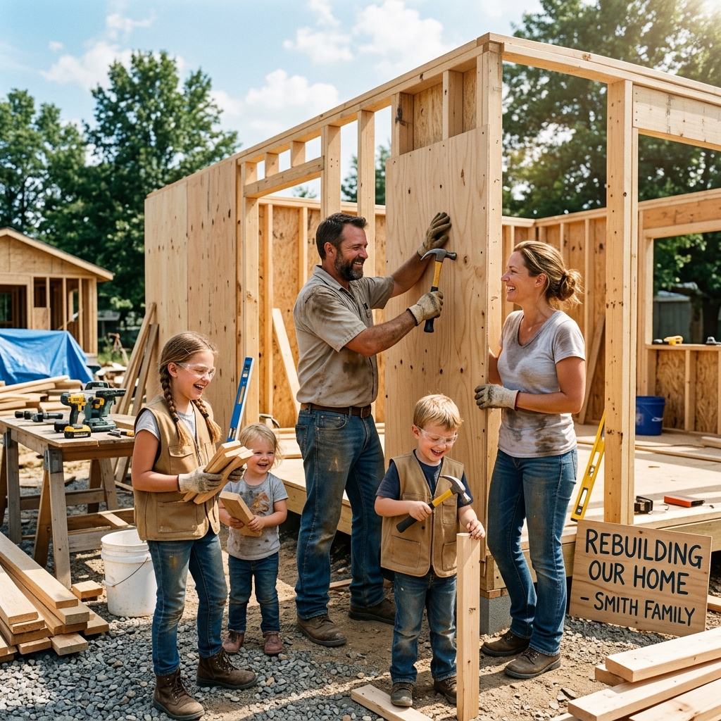 A hopeful family smiles as they rebuild during summer.